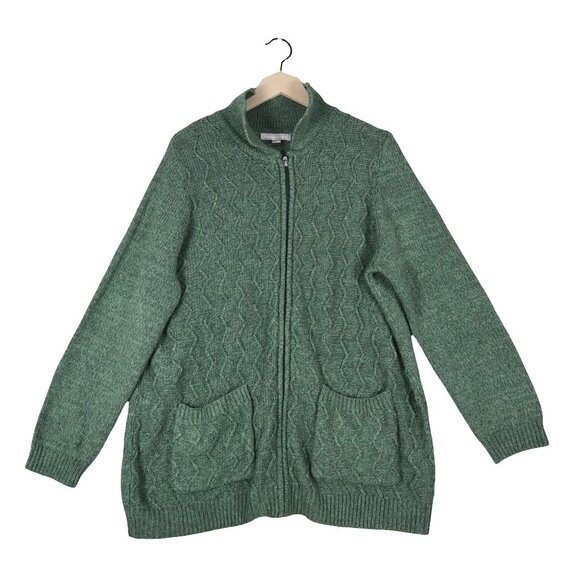 Woman Within Green Full Zip Cable Knit Cardigan Sweater 18/20 L Pockets - Picture 1 of 6
